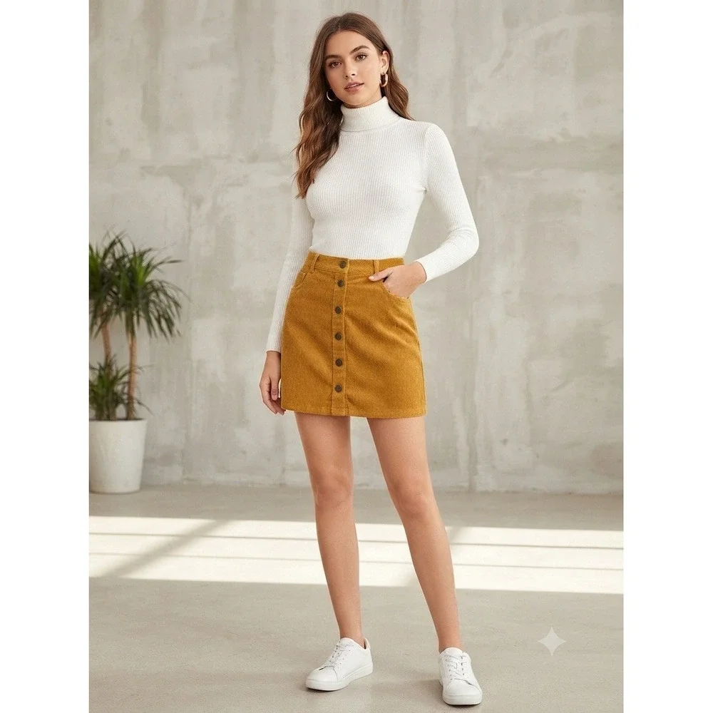 Women's Corduroy Skirt Mustard Yellow A-Line Mini Skirt With Pockets